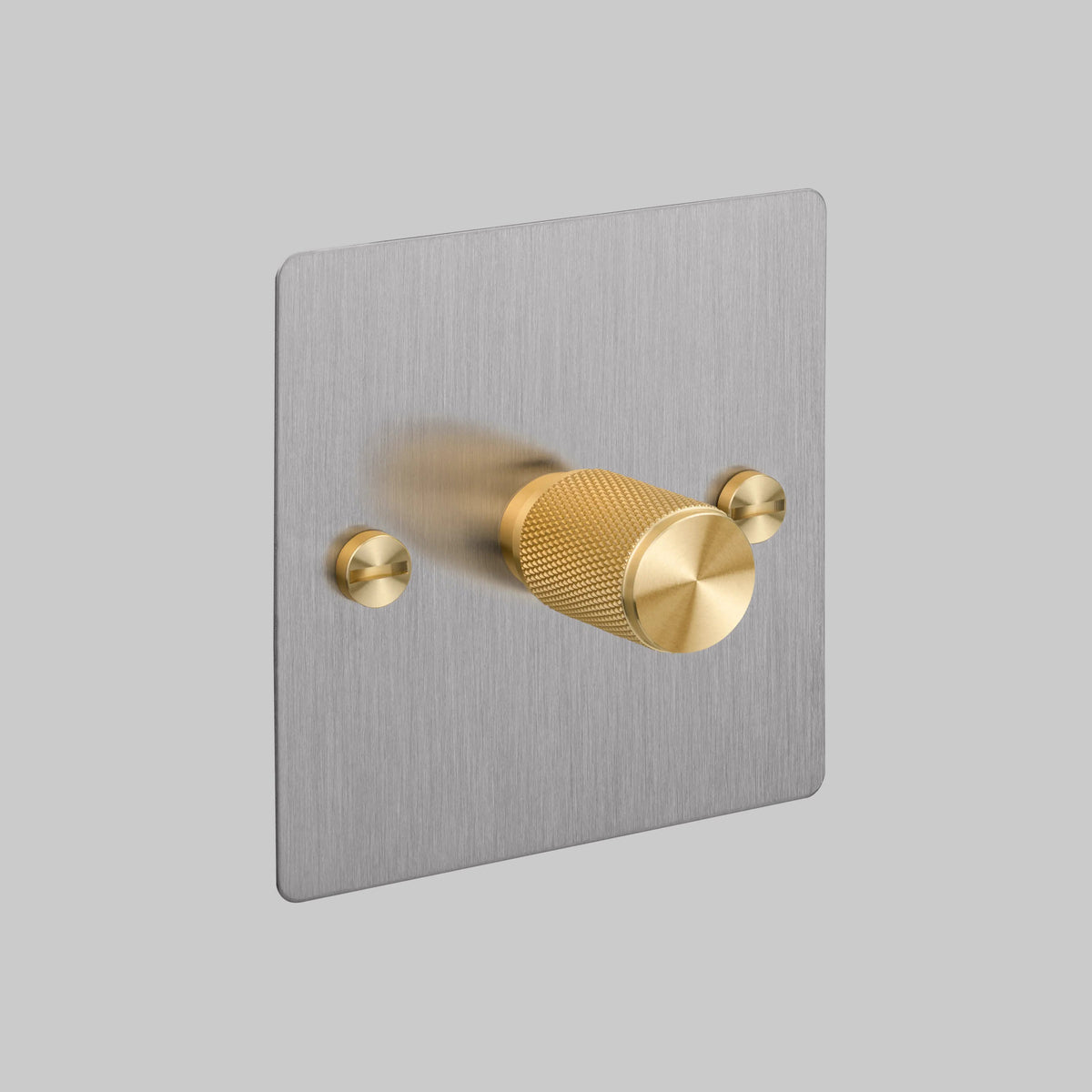 One Gang 2 Way Dimmer Light Switch in Steel with Brass Cross Cut Knurled Knob