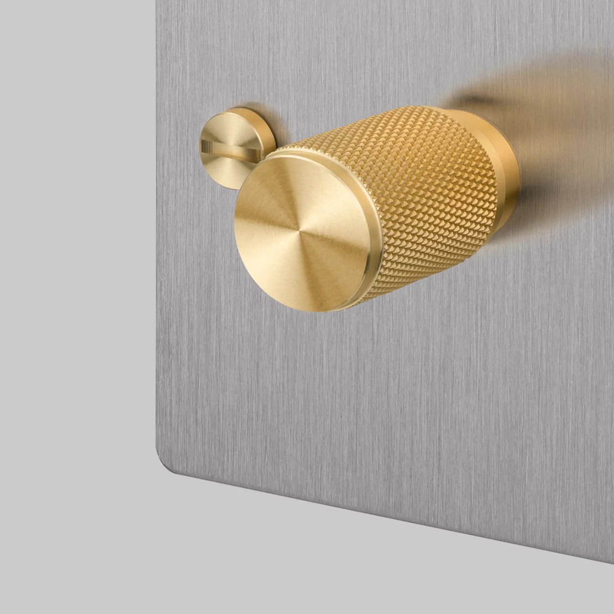 One Gang 2 Way Dimmer Light Switch in Steel with Brass Cross Cut Knurled Knob