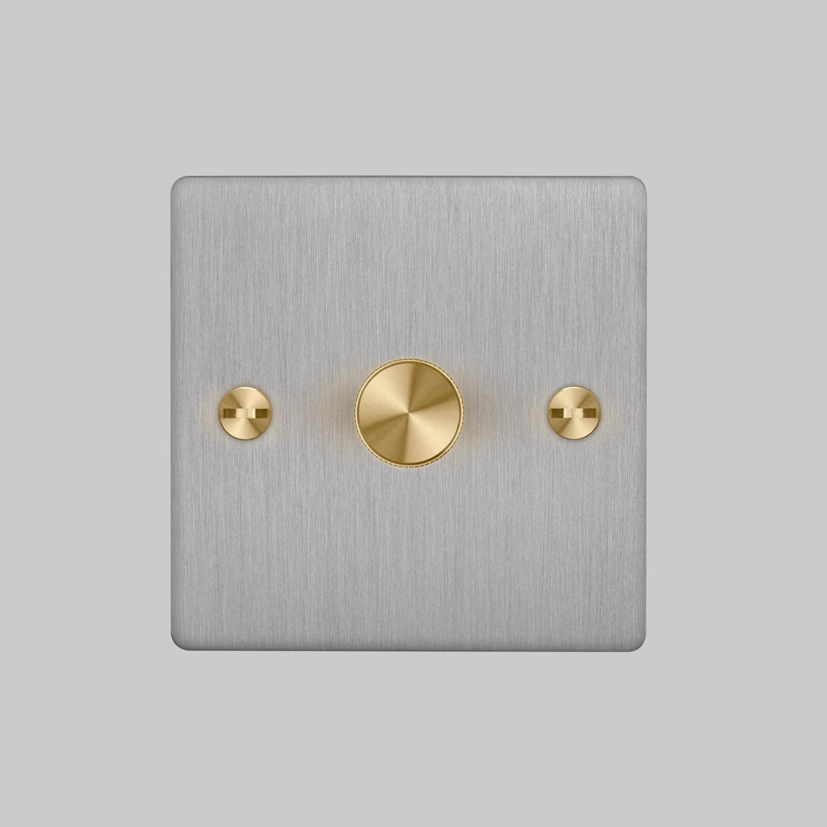 One Gang 2 Way Dimmer Light Switch in Steel with Brass Cross Cut Knurled Knob
