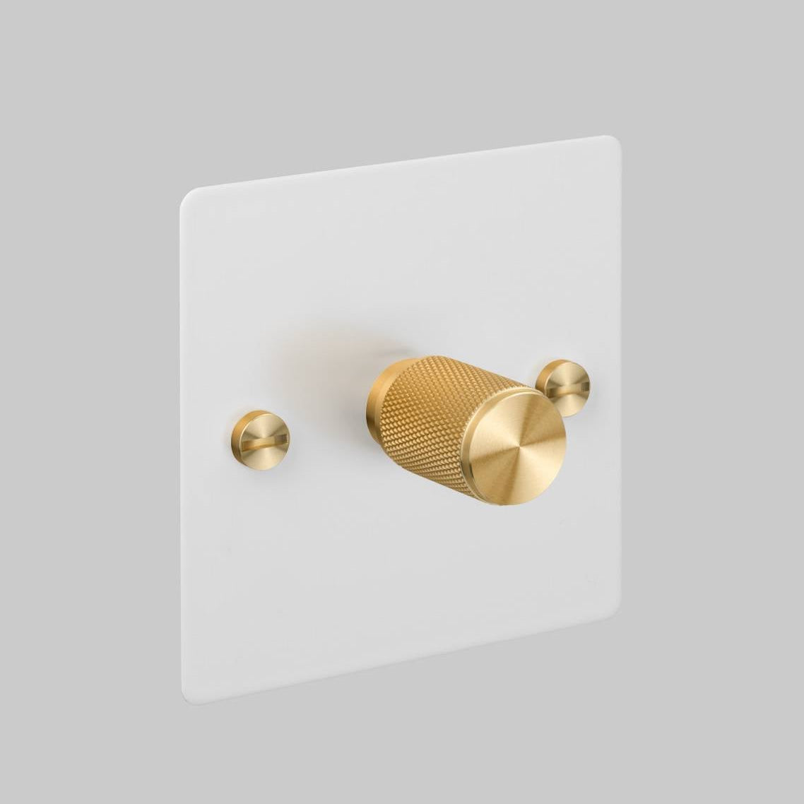 One Gang 2 Way Dimmer Light Switch in White with Brass Cross Cut Knurled Knob