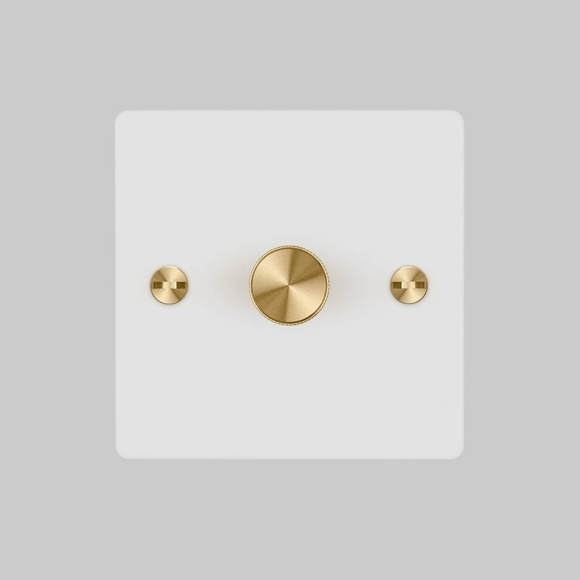 One Gang 2 Way Dimmer Light Switch in White with Brass Cross Cut Knurled Knob