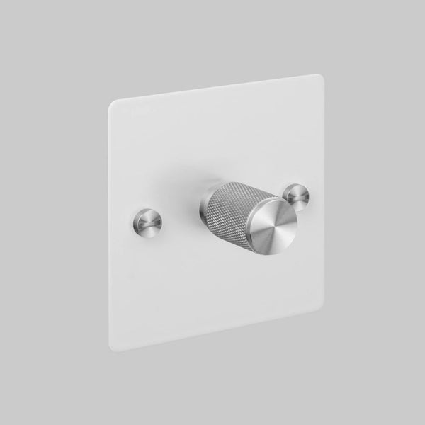 One Gang 2 Way Dimmer Light Switch in White with Steel Cross Cut Knurled Knob