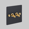 Two Gang 2 Way Light Switch in Black with Brass Cross Cut Knurled Toggles
