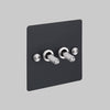Two Gang 2 Way Light Switch in Black with Steel Cross Cut Knurled Toggles
