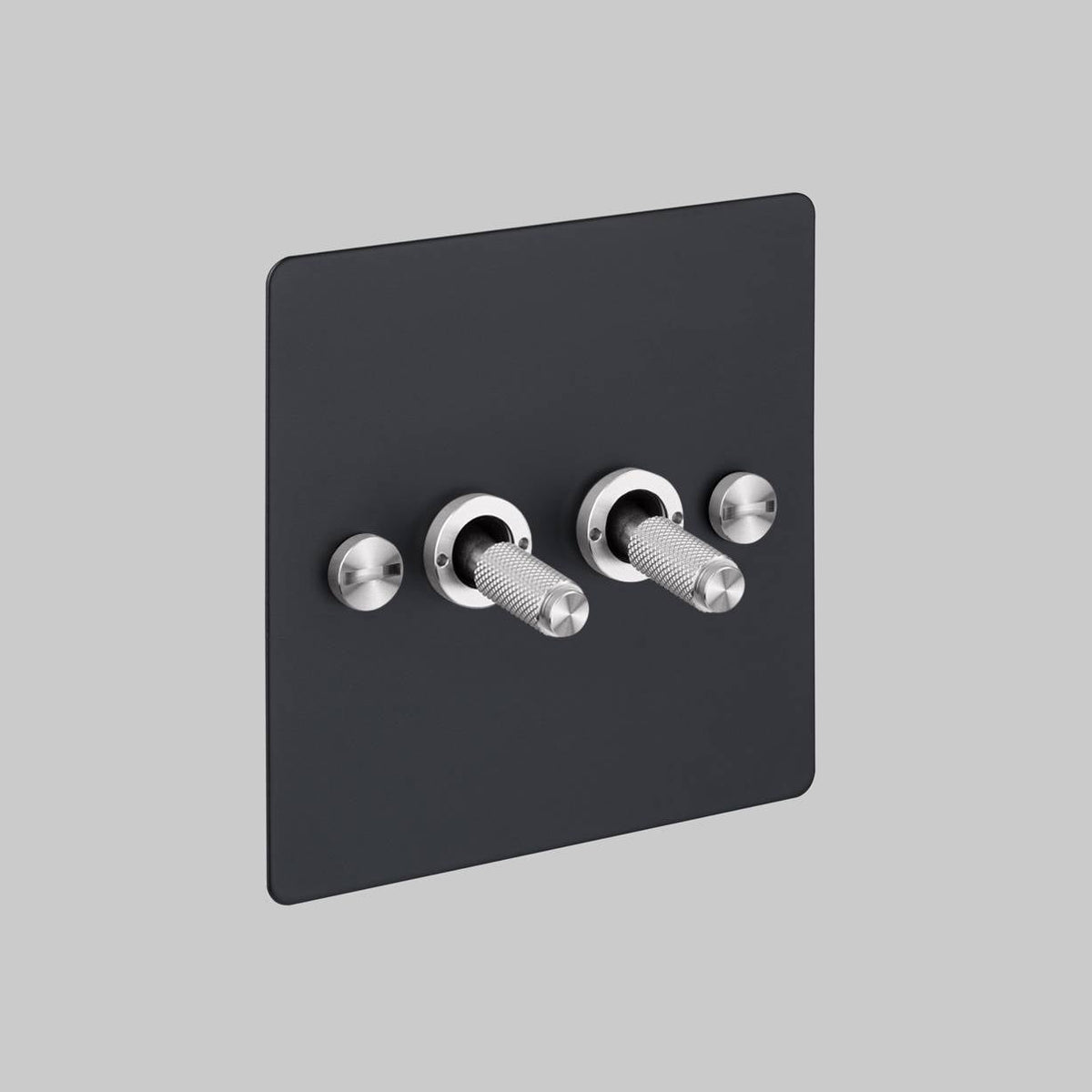 Two Gang 2 Way Light Switch in Black with Steel Cross Cut Knurled Toggles