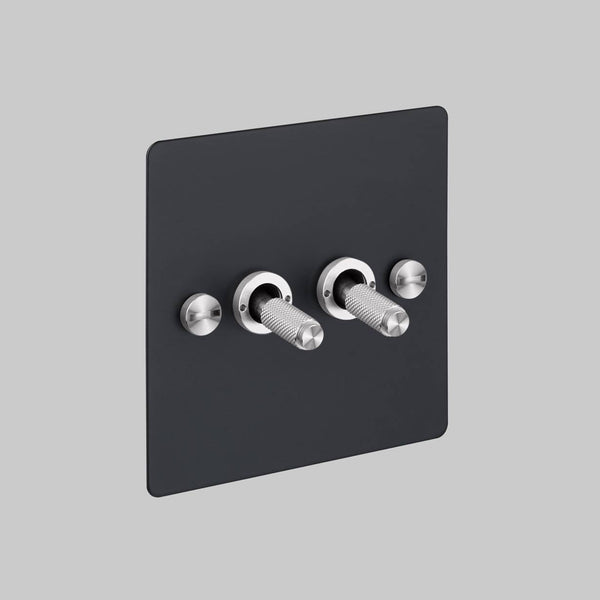 Two Gang 2 Way Light Switch in Black with Steel Cross Cut Knurled Toggles