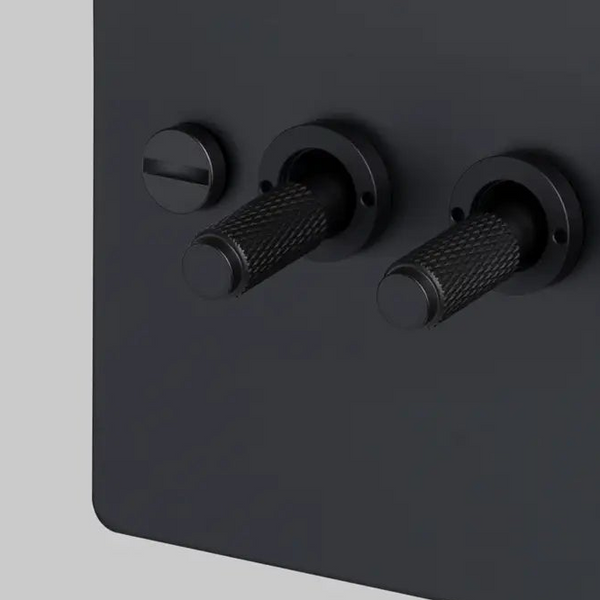 Two Gang 2 Way Light Switch in Black with Cross Cut Knurled Toggles
