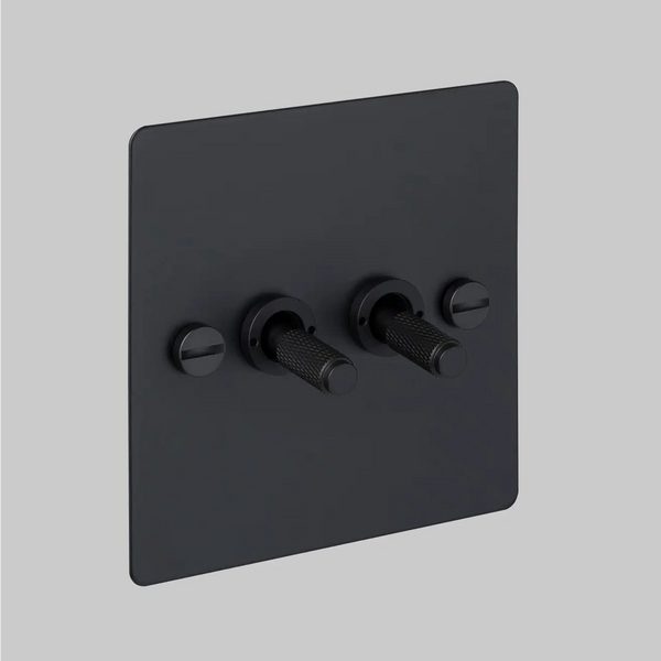 Two Gang 2 Way Light Switch in Black with Cross Cut Knurled Toggles