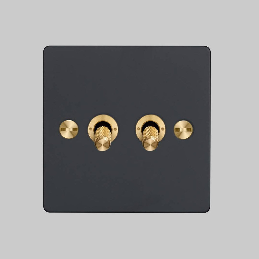 Two Gang 2 Way Light Switch in Black with Brass Cross Cut Knurled Toggles