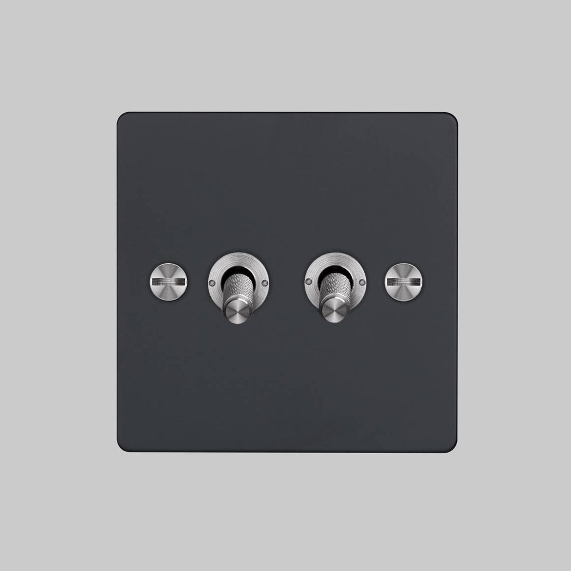Two Gang 2 Way Light Switch in Black with Steel Cross Cut Knurled Toggles