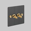 Two Gang 2 Way Light Switch in Smoked Bronze with Brass Cross Cut Knurled Toggles