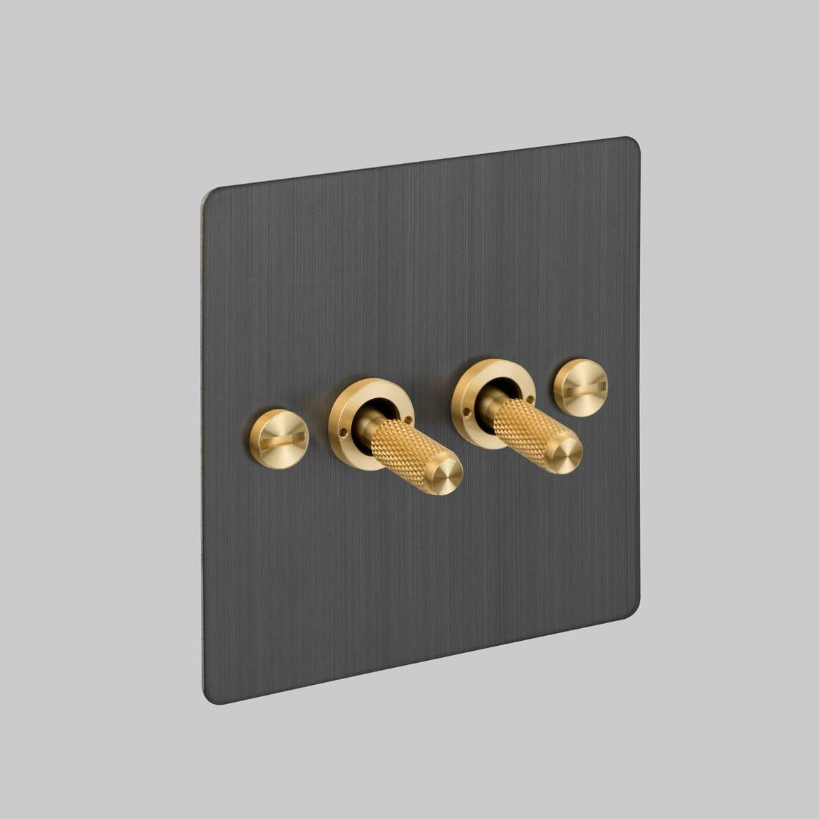 Two Gang 2 Way Light Switch in Smoked Bronze with Brass Cross Cut Knurled Toggles