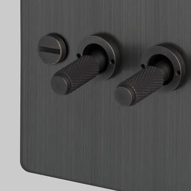 Four Gang 2 Way Light Switch in Smoked Bronze with Cross Cut Knurled Toggles