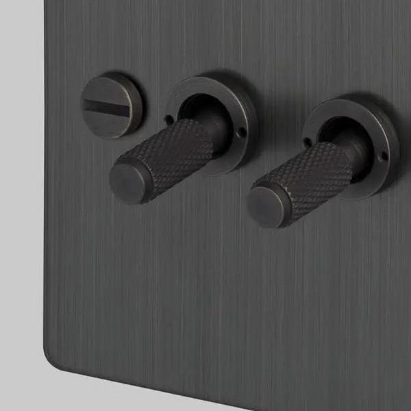 Four Gang 2 Way Light Switch in Smoked Bronze with Cross Cut Knurled Toggles