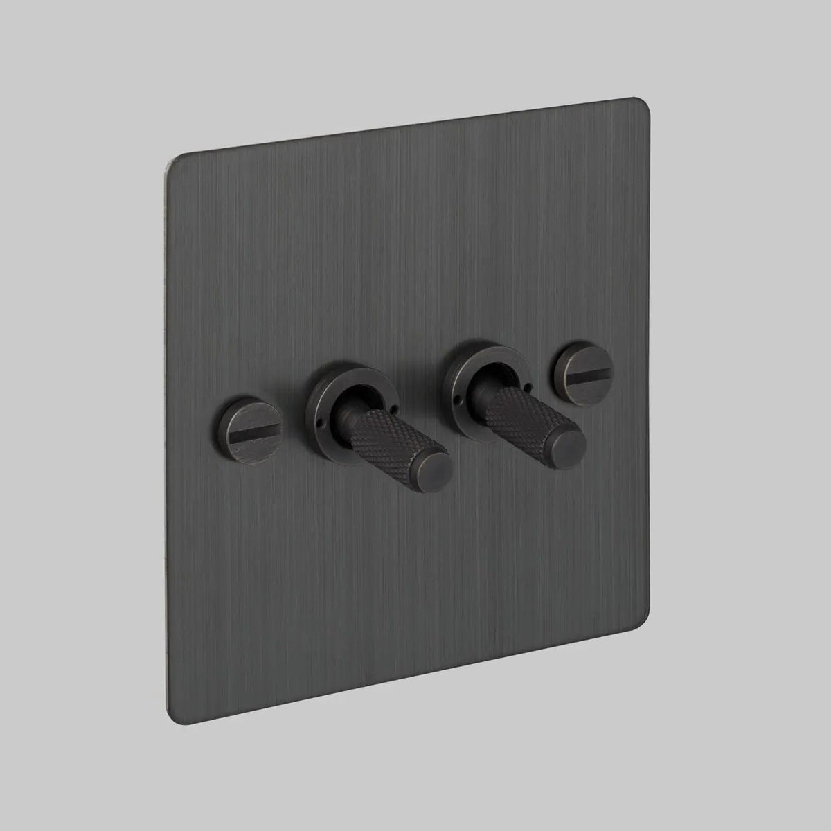 Two Gang 2 Way Light Switch in Smoked Bronze with Cross Cut Knurled Toggles