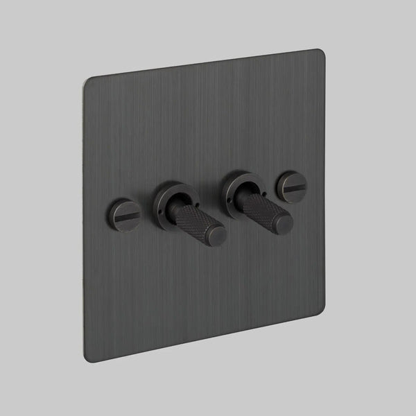 Two Gang 2 Way Light Switch in Smoked Bronze with Cross Cut Knurled Toggles