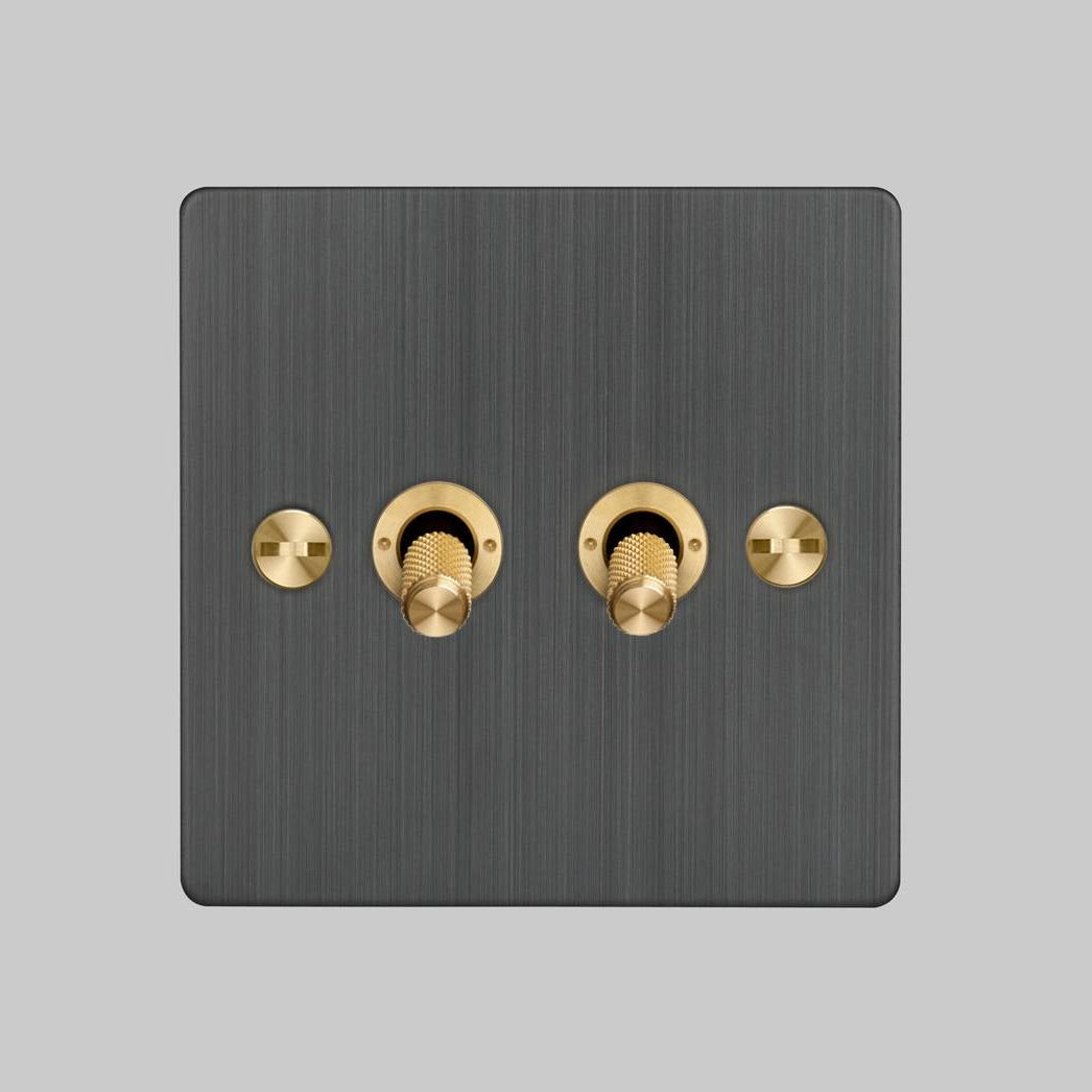 Two Gang 2 Way Light Switch in Smoked Bronze with Brass Cross Cut Knurled Toggles