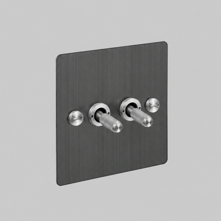 Two Gang 2 Way Light Switch in Smoked Bronze with Steel Cross Cut Knurled Toggles