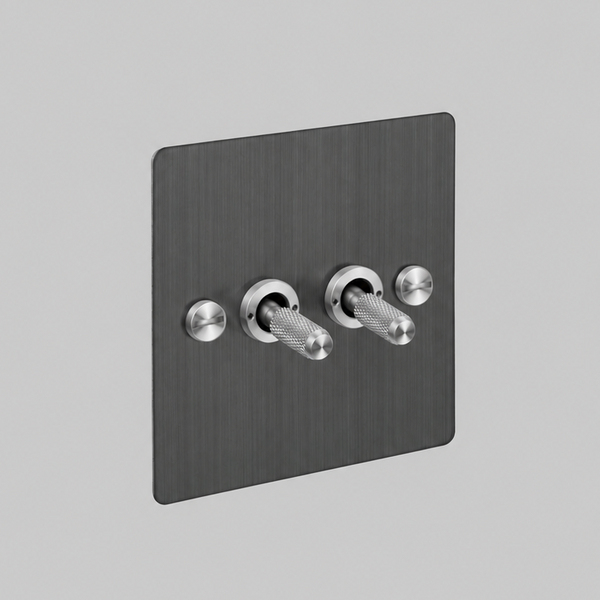 Two Gang 2 Way Light Switch in Smoked Bronze with Steel Cross Cut Knurled Toggles