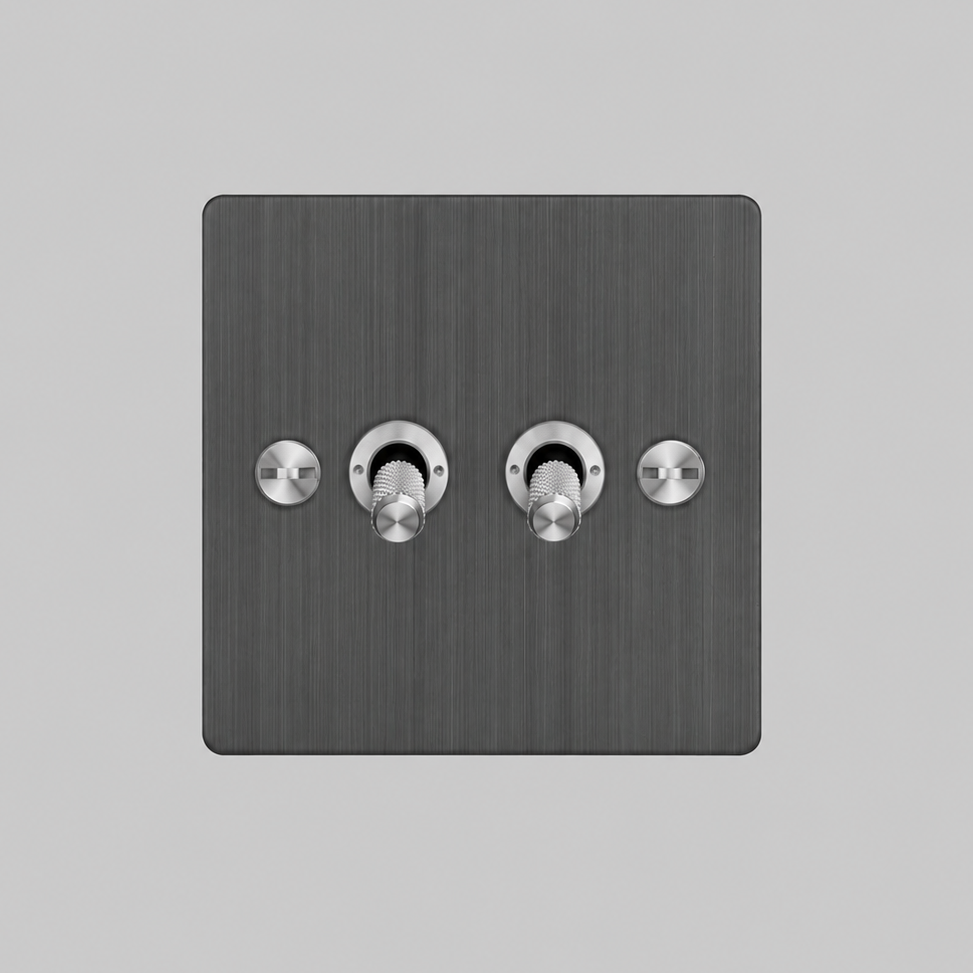 Two Gang 2 Way Light Switch in Smoked Bronze with Steel Cross Cut Knurled Toggles
