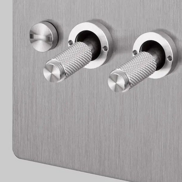 Two Gang 2 Way Light Switch in Steel with Cross Cut Knurled Toggles