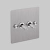 Two Gang 2 Way Light Switch in Steel with Cross Cut Knurled Toggles