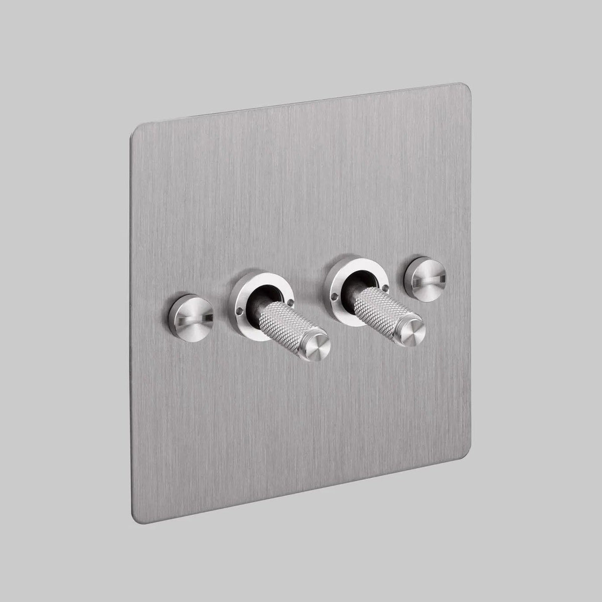 Two Gang 2 Way Light Switch in Steel with Cross Cut Knurled Toggles