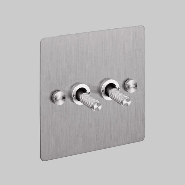 Two Gang 2 Way Light Switch in Steel with Cross Cut Knurled Toggles