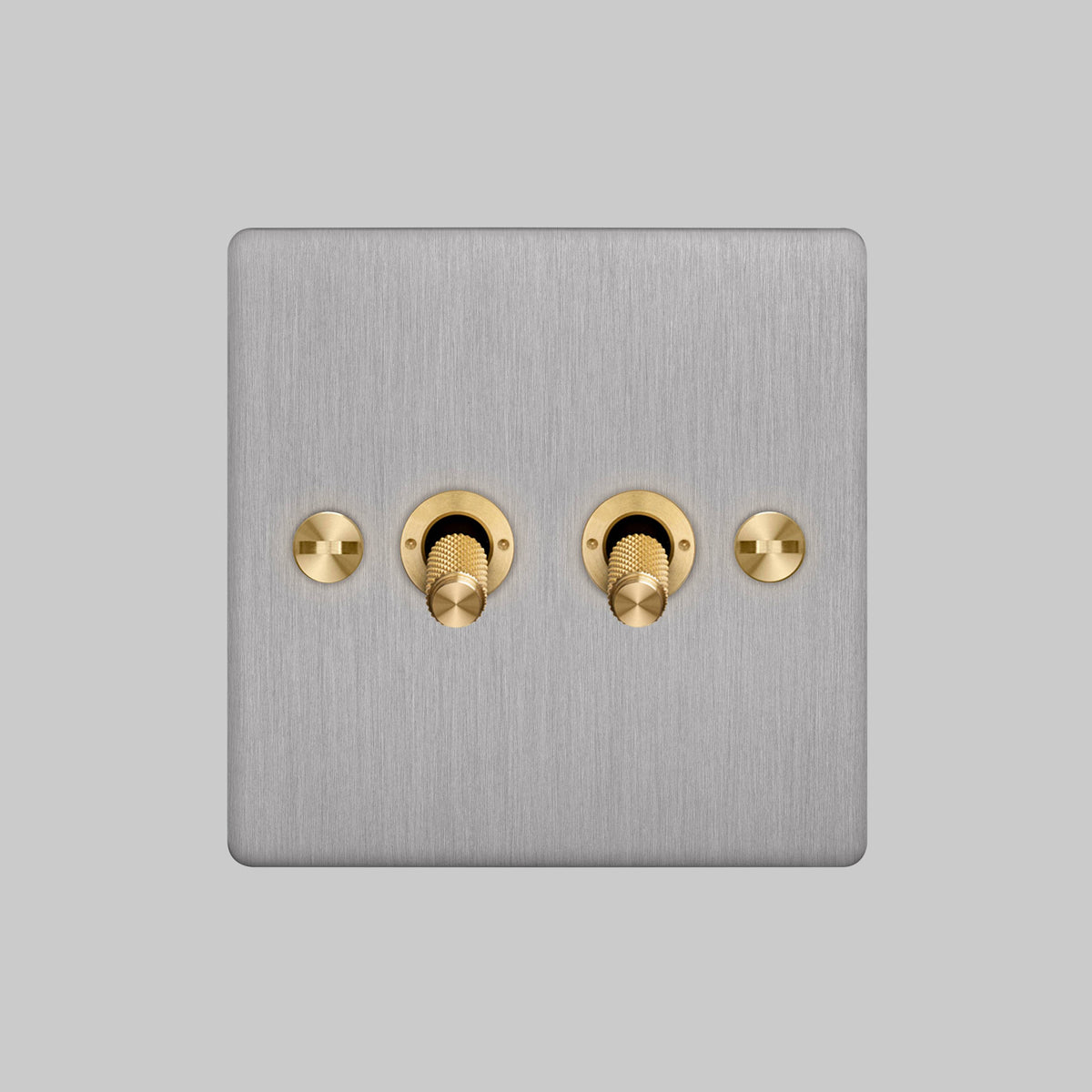 Two Gang 2 Way Light Switch in Steel with Brass Cross Cut Knurled Toggles