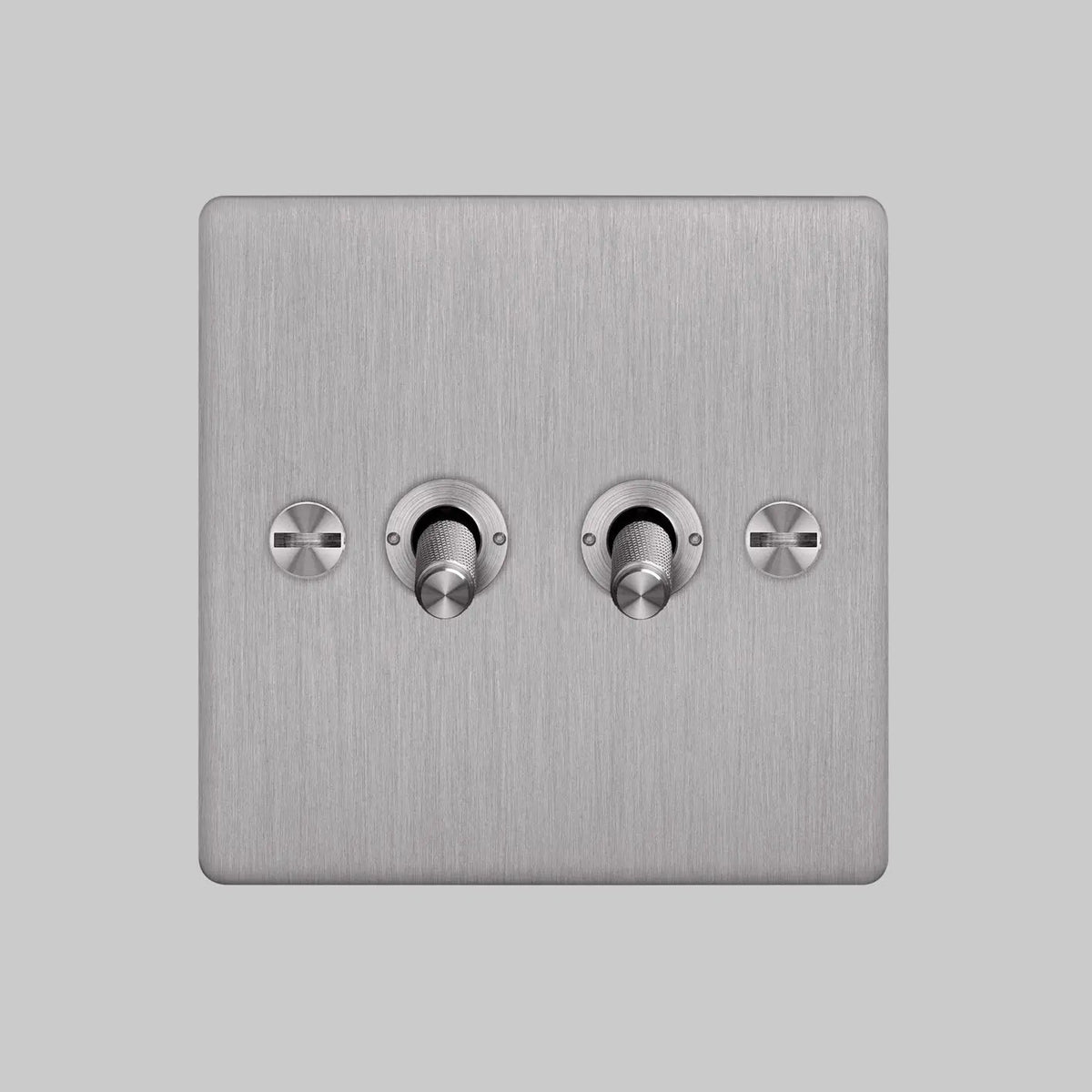 Two Gang 2 Way Light Switch in Steel with Cross Cut Knurled Toggles