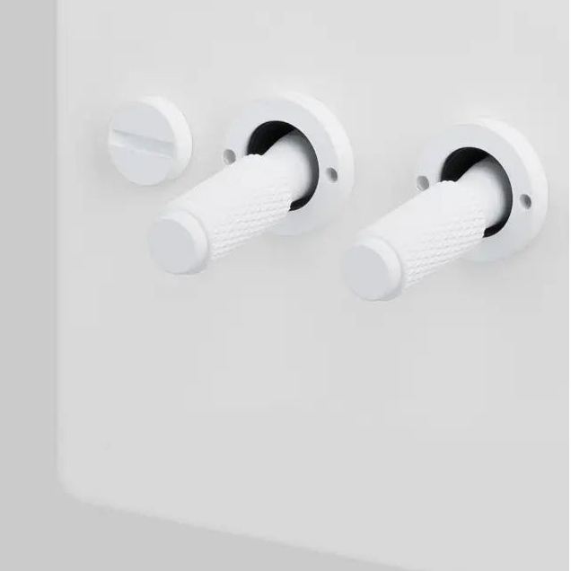 Two Gang 2 Way Light Switch in White with Cross Cut Knurled Toggles