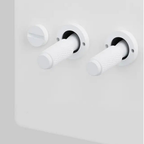 Two Gang 2 Way Light Switch in White with Cross Cut Knurled Toggles