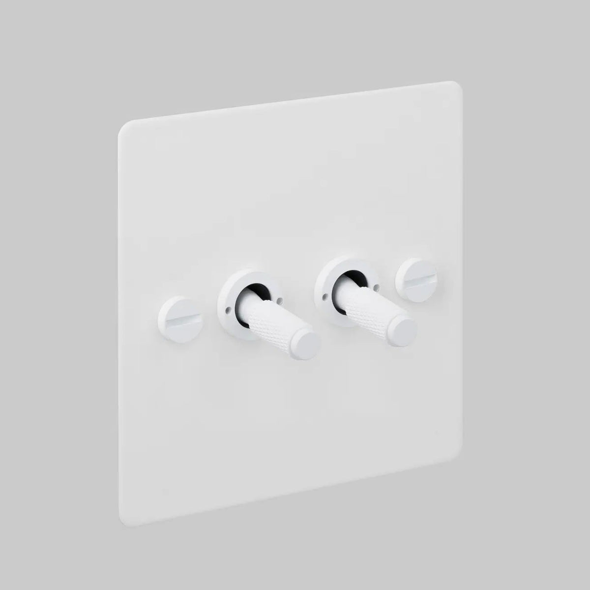 Two Gang 2 Way Light Switch in White with Cross Cut Knurled Toggles