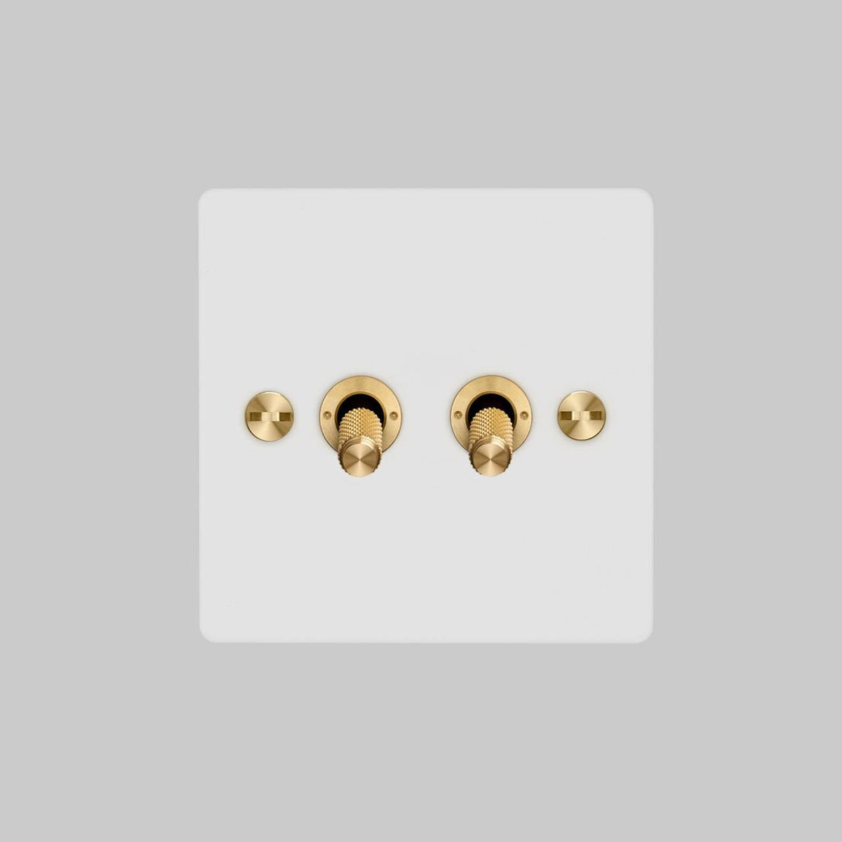 Two Gang 2 Way Light Switch in White with Brass Cross Cut Knurled Toggles