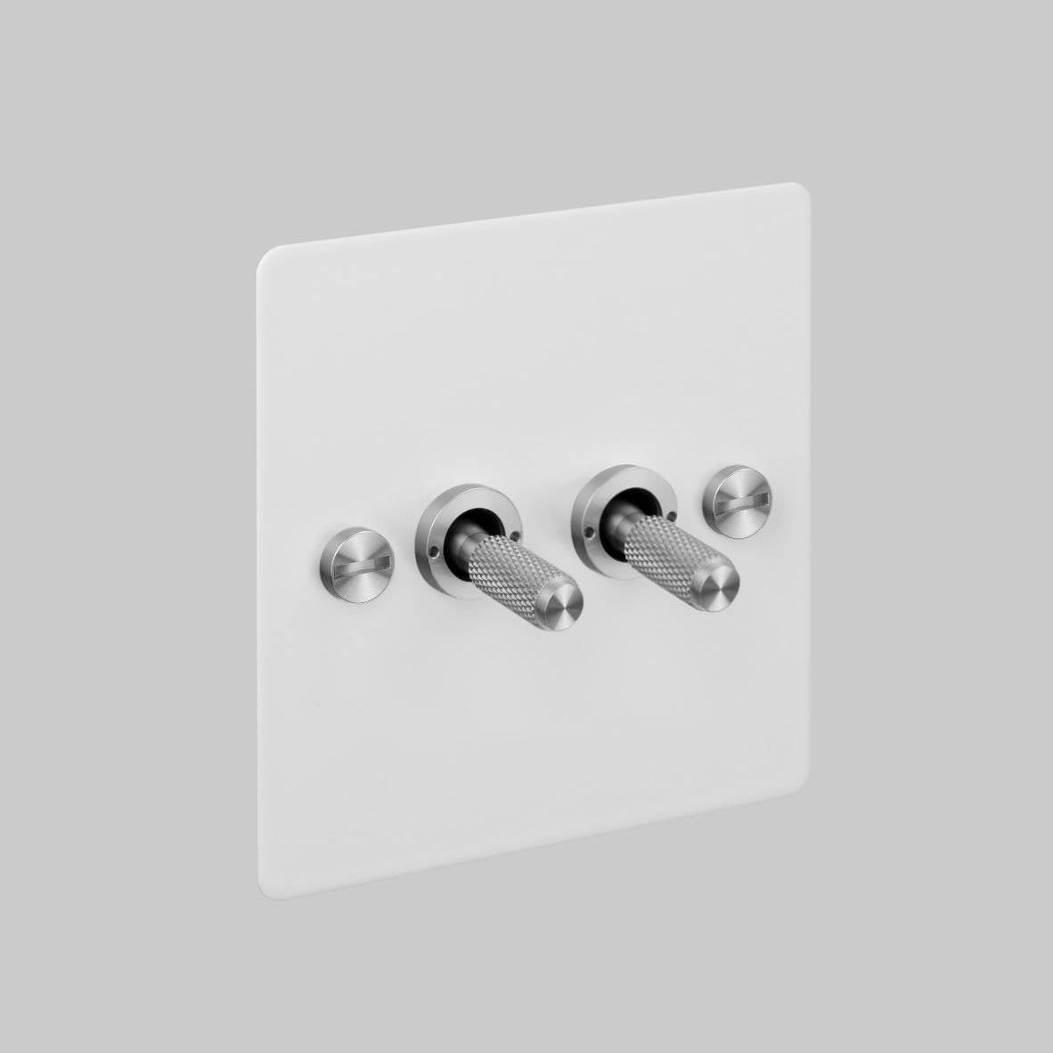 Two Gang 2 Way Light Switch in White with Steel Cross Cut Knurled Toggles