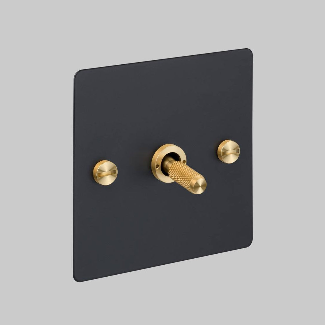 One Gang 2 Way Light Switch in Black with Brass Cross Cut Knurled Toggle