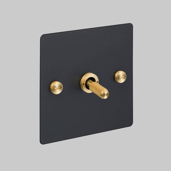 One Gang 3 Way Intermediate Light Switch in Black with Brass Cross Cut Knurled Toggle