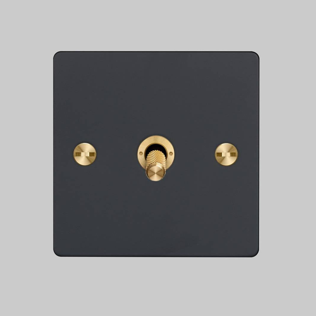 One Gang 2 Way Light Switch in Black with Brass Cross Cut Knurled Toggle