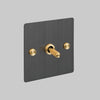 One Gang 2 Way Light Switch in Smoked Bronze with Brass Cross Cut Knurled Toggle