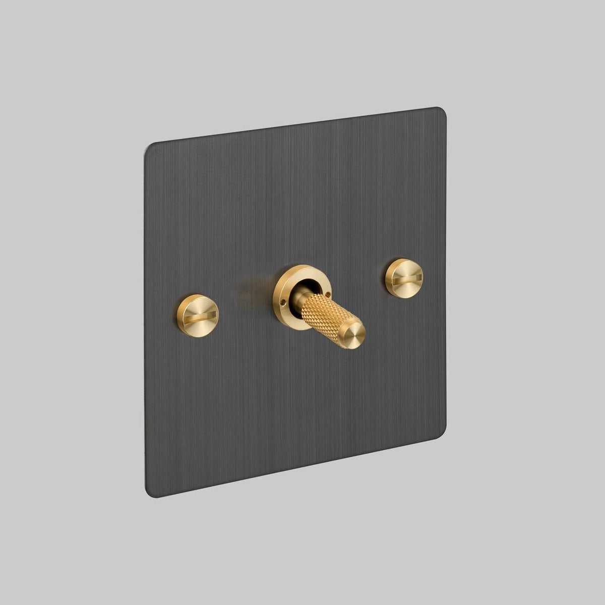 One Gang 2 Way Light Switch in Smoked Bronze with Brass Cross Cut Knurled Toggle