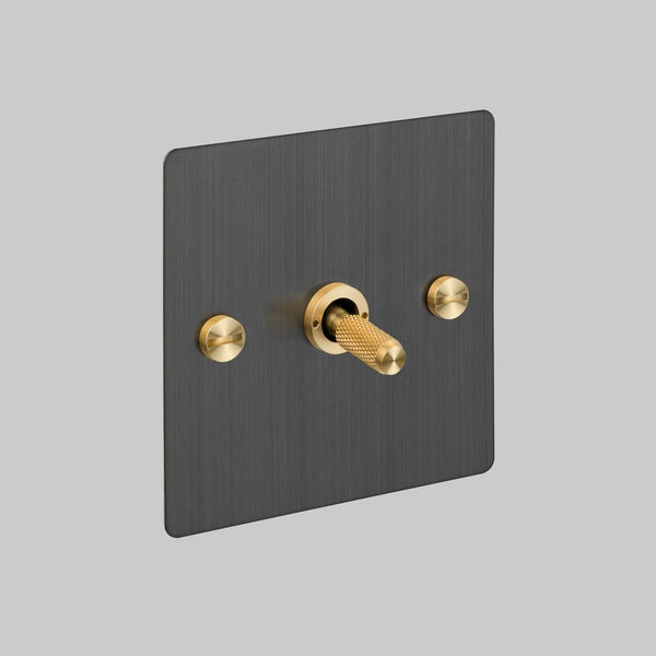One Gang 3 Way Intermediate Light Switch in Smoked Bronze with Brass Cross Cut Knurled Toggle