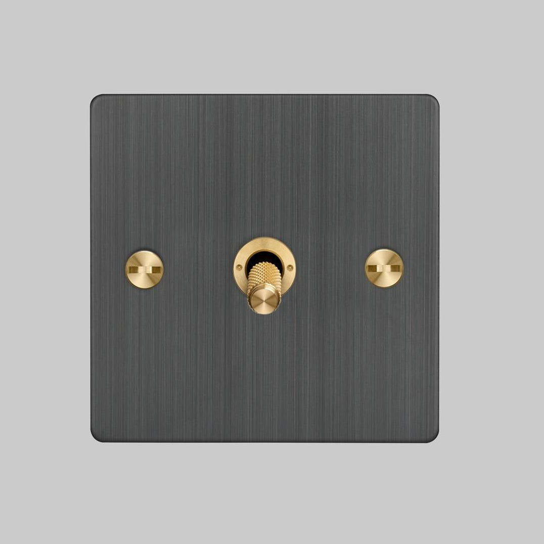 One Gang 2 Way Light Switch in Smoked Bronze with Brass Cross Cut Knurled Toggle