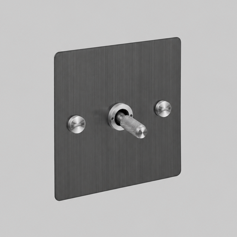 Buster and Punch one gang three way intermediate light switch in smoked bronze with steel cross cut knurled toggle