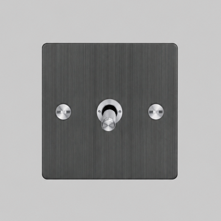 Buster and Punch one gang three way intermediate light switch in smoked bronze with steel cross cut knurled toggle
