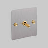 One Gang 2 Way Light Switch in Steel with Brass Cross Cut Knurled Toggle