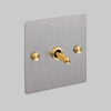 One Gang 3 Way Intermediate Light Switch in Steel with Brass Cross Cut Knurled Toggle