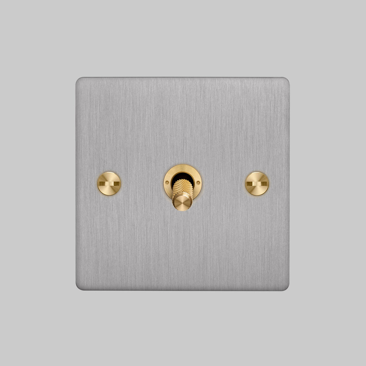 One Gang 2 Way Light Switch in Steel with Brass Cross Cut Knurled Toggle