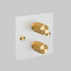 Two Gang 2 Way Dimmer Light Switch in White with Brass Cross Cut Knurled Knob