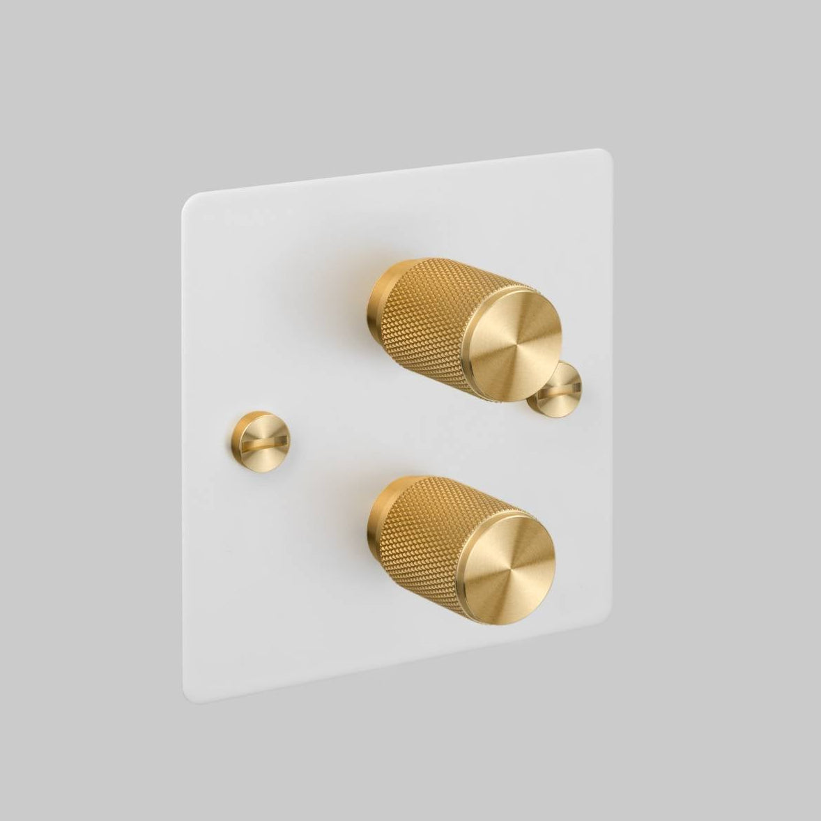 Two Gang 2 Way Dimmer Light Switch in White with Brass Cross Cut Knurled Knob
