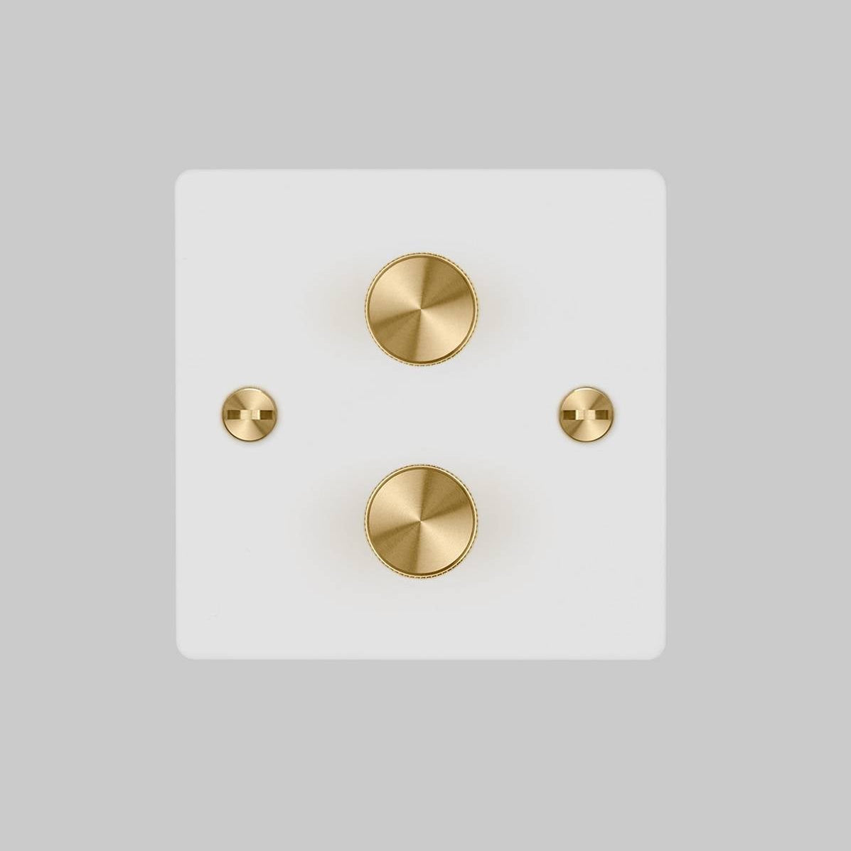 Two Gang 2 Way Dimmer Light Switch in White with Brass Cross Cut Knurled Knob